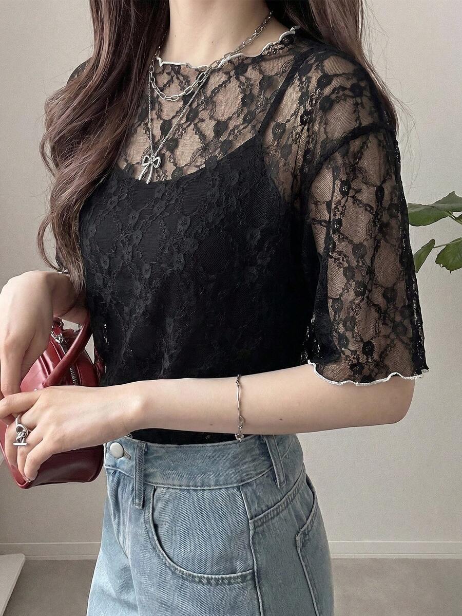 FRIFUL Women's Wavy Striped Loose Contrast Trim Short Sleeve T-Shirt, Summer Casual Wear - Black - View 1