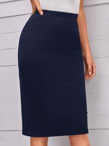 Miaspire High Waist Solid Skirt - Navy Blue - View 5