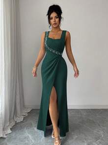SHEIN Elenzya Đầm dự tiệc cocktail nhẹ nhàng, dáng đuôi cá, không tay, cổ vuông, đính ngọc trai, ôm eo, xẻ tà bồng bềnh, dành cho nữ. - Màu xanh lá cây đậm - Xem 6