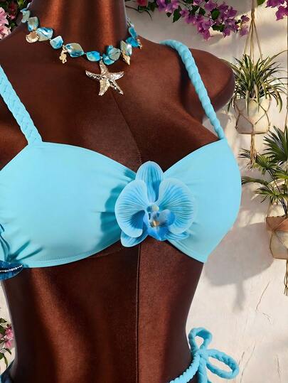 Amplova Women's Swimwear Set, Sexy & Avant-Garde, Suitable For Vacation, Solid Color With Floral Pattern And Rope Details