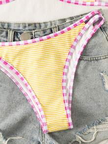 Swim Mod Bộ bikini hai mảnh gợi cảm màu vàng độc đáo, viền hồng, kiểu dáng dây mảnh, thích hợp cho kỳ nghỉ hè 2026 dành cho nữ, kiểu dáng thoải mái, dễ thương. - Màu vàng - Xem 6