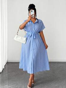 Maweii Plus Size Women Summer Bowknot Decor Pink & White Striped Dress - Blue - View 5