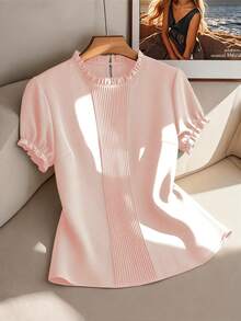 Linhara Fashionable Casual French Retro Elegant Comfortable Commuting Ruffle Collar Blouse - Pink - View 3