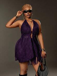 Maweii Plus Size Women's Fashionable Slimming Versatile Party Asymmetrical Tassel Hem Skirt, Suitable For Summer Holiday Outfit - Purple - View 3