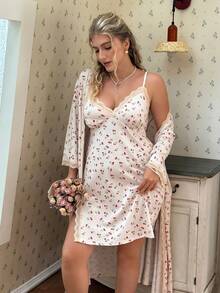 CottageSlumber Plus Size Women's Romantic Ditsy Floral Lace Patchwork Camisole & Robe 2-Piece Sleepwear Set - Apricot - View 6