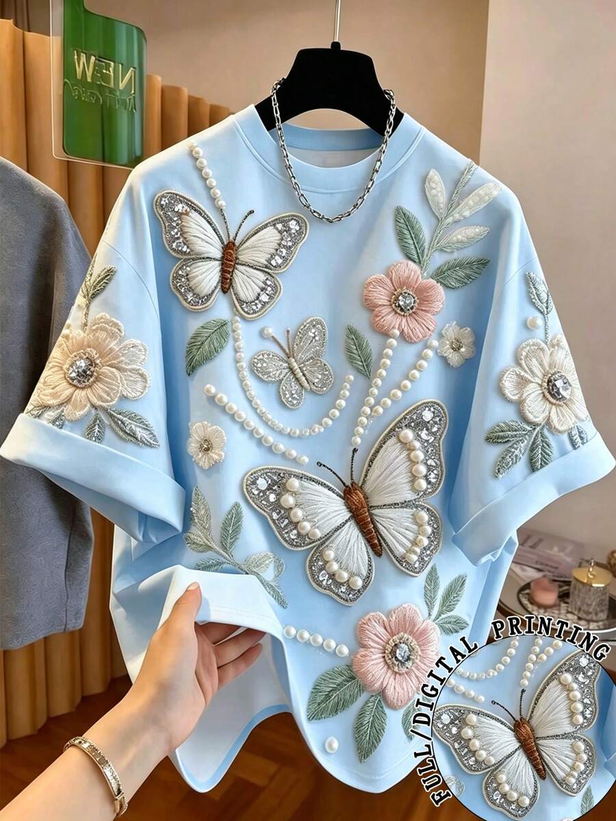 Airaco 大码女式百搭蝴蝶花朵印花圆领短袖T恤 - 藍色 - 查看 1