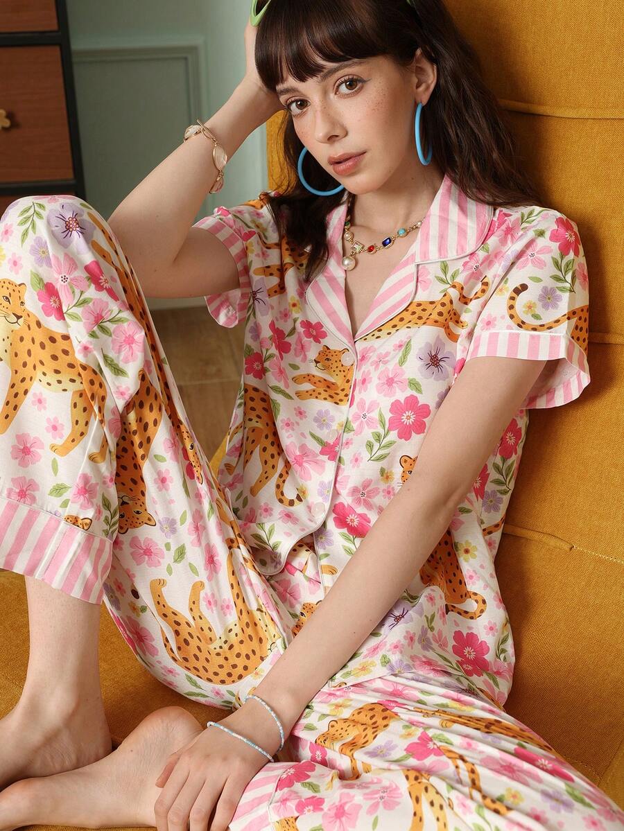 Chillnights 年轻休闲度假豹纹花卉图案开衫女式睡衣套装 - 彩色 - 查看 1