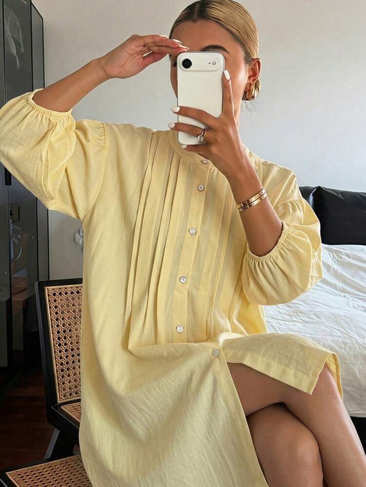 Solid Color Pleated Long Sleeve Cardigan Short Dress, Women Summer Sleepwear