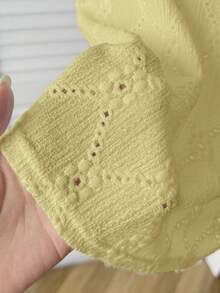 SHEIN Tween Girls Pale Yellow Textured Woven Round Neck Ruched Ruffle Trim Flutter Sleeve Fitted Cute Top,French Elegant Summer Vacation,Tea Party For Kids - Yellow - View 5