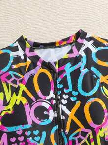 SHEIN 1 pezzo Costume da bagno intero con maniche lunghe, con stampa di cuori viola e graffiti, per ragazze adolescenti, elegante e casual, adatto per nuotare, vacanze, estate (stampa casuale) - Multicolore - Visualizzare 4