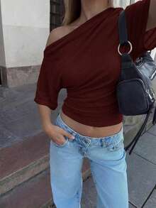 Aloruh Asymmetric Shoulder Loose Top With Cinched Waist, Minimalist Basic T-Shirt,Summer Top - Burgundy - View 3
