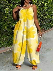 Slaydiva Plus Size Women Floral Print Pocketed Tie-Waist Jumpsuit, Loose Fit Zoey Outfit Spring Outfits For Women Dresses Zoo Outfits Women - Multicolor - View 3