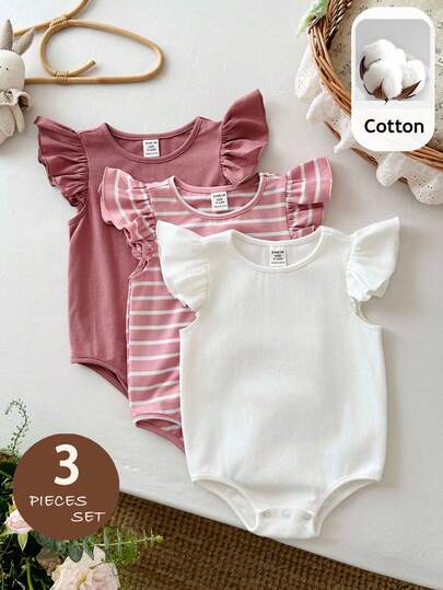 LMoss Kids Bộ 3 món áo liền quần dệt kim bèo nhún dễ thương cho bé gái, thích hợp cho mùa hè.