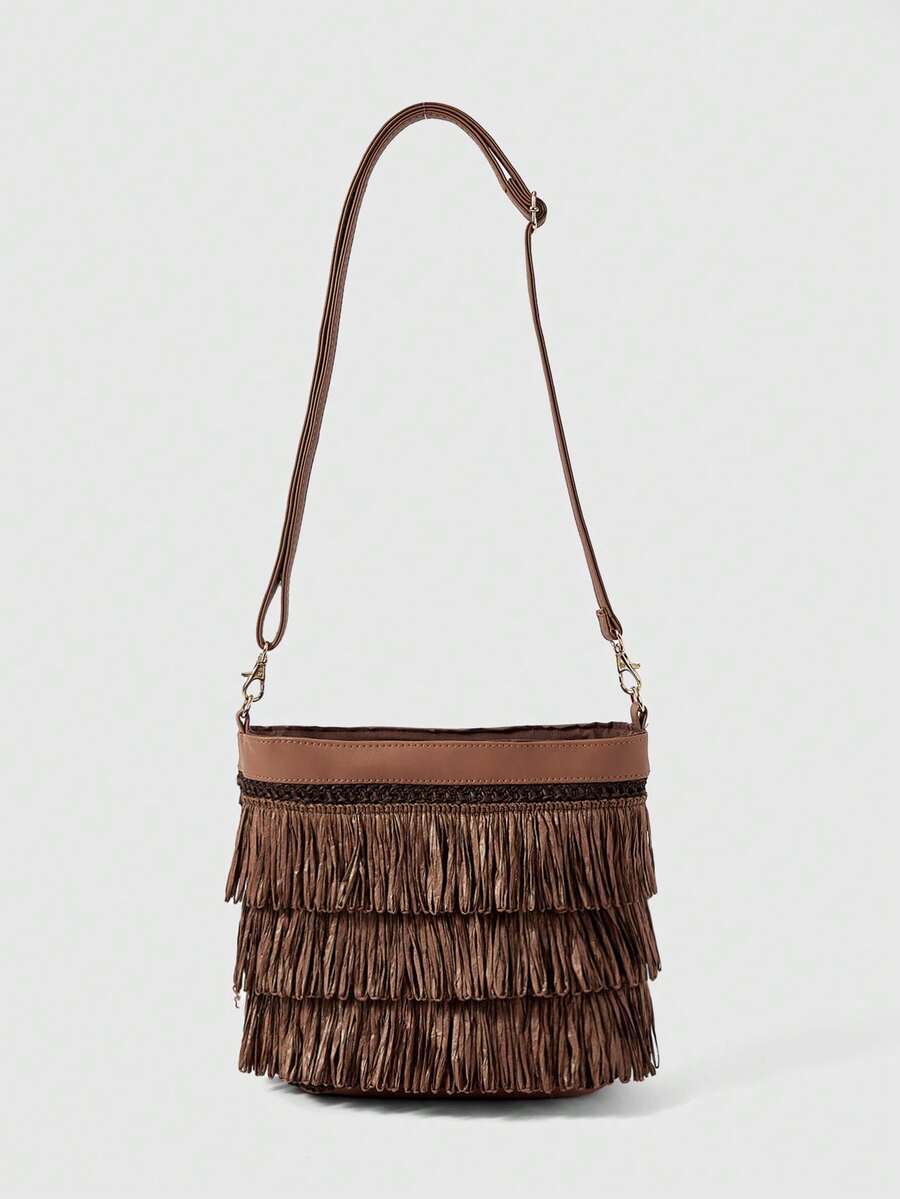 ROMWE Kawaii Holiday Style Fashion Casual Woven Slanted Shoulder Bag - coffee color - View 1