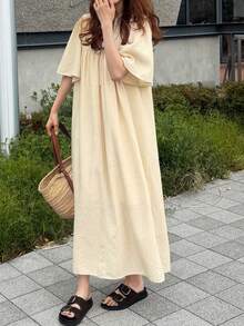 FRIFUL 女款純色百褶休閒極簡長洋裝，適合派對與旅行 - 杏色 - 查看 5