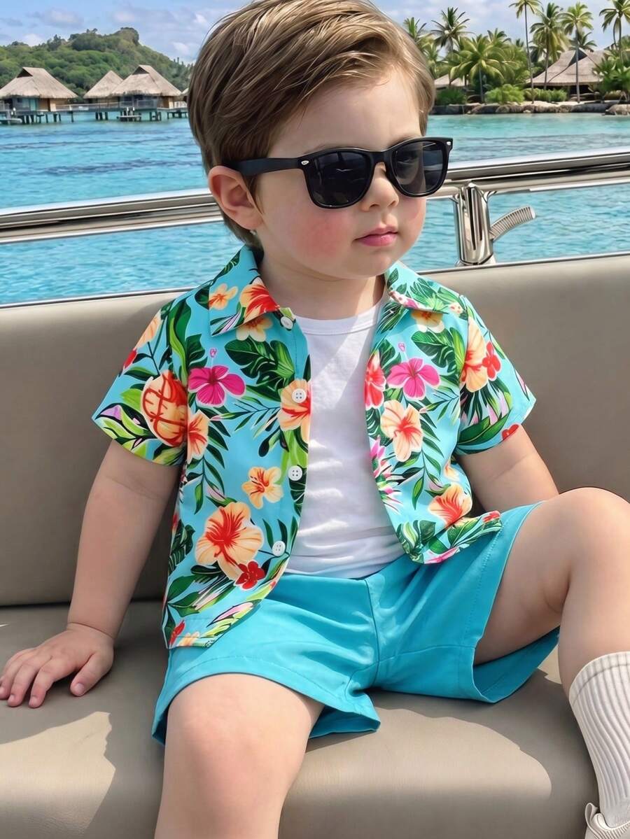 SHEIN Playful Pals 两件套幼儿男童休闲假日短袖polo衫和纯色短裤夏季套装 - 彩色 - 查看 1