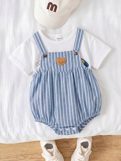SHEIN Bộ áo liền quần ngắn kẻ sọc kaki dễ thương cho bé sơ sinh trai/gái, kiểu dáng thường ngày, dễ mặc vào/cởi ra, thích hợp cho mùa xuân/hè.
