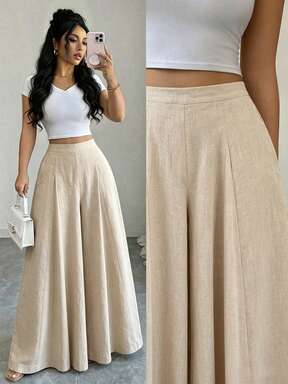 Elenzga Pantalones anchos de cintura alta de lino de albaricoque para mujer, diseño de verano con pierna acampanada, elegantes y casuales para uso diario