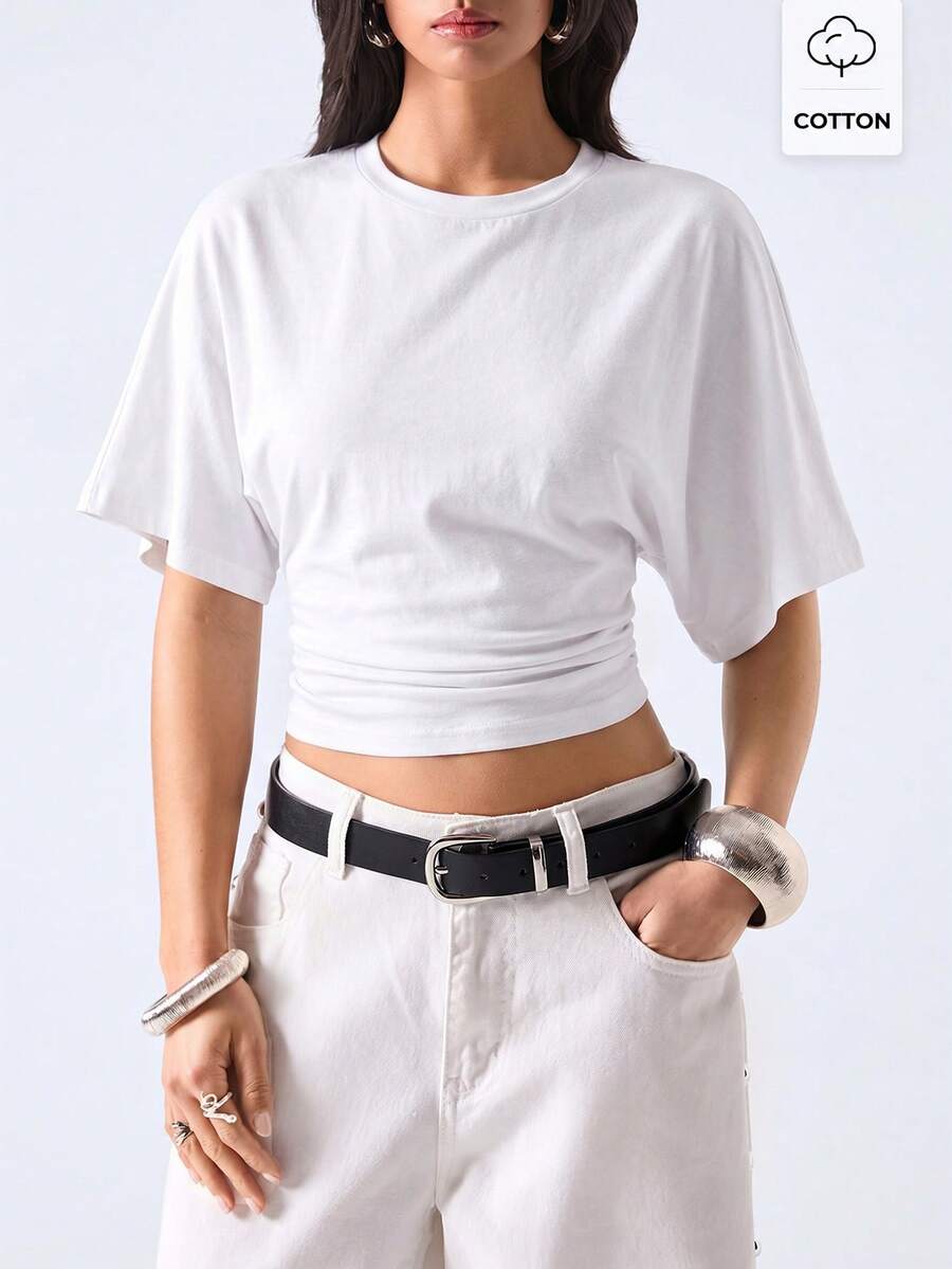 LYSMO 2026新款极简蝙蝠袖收腰T恤,女士休闲纯色夏季上衣,适合户外穿着、街头风外套、工作和社交场合,夏季衬衫 - 白色 - 查看 1