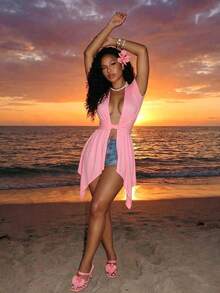 BamGleam Women's Vacation Beach Solid Color Asymmetric Hem T-Shirt - Baby Pink - View 6