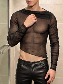 Manfinity Dauomo Festival Y2K Sheer Mesh Long-Sleeve Top Rave - Black - View 5