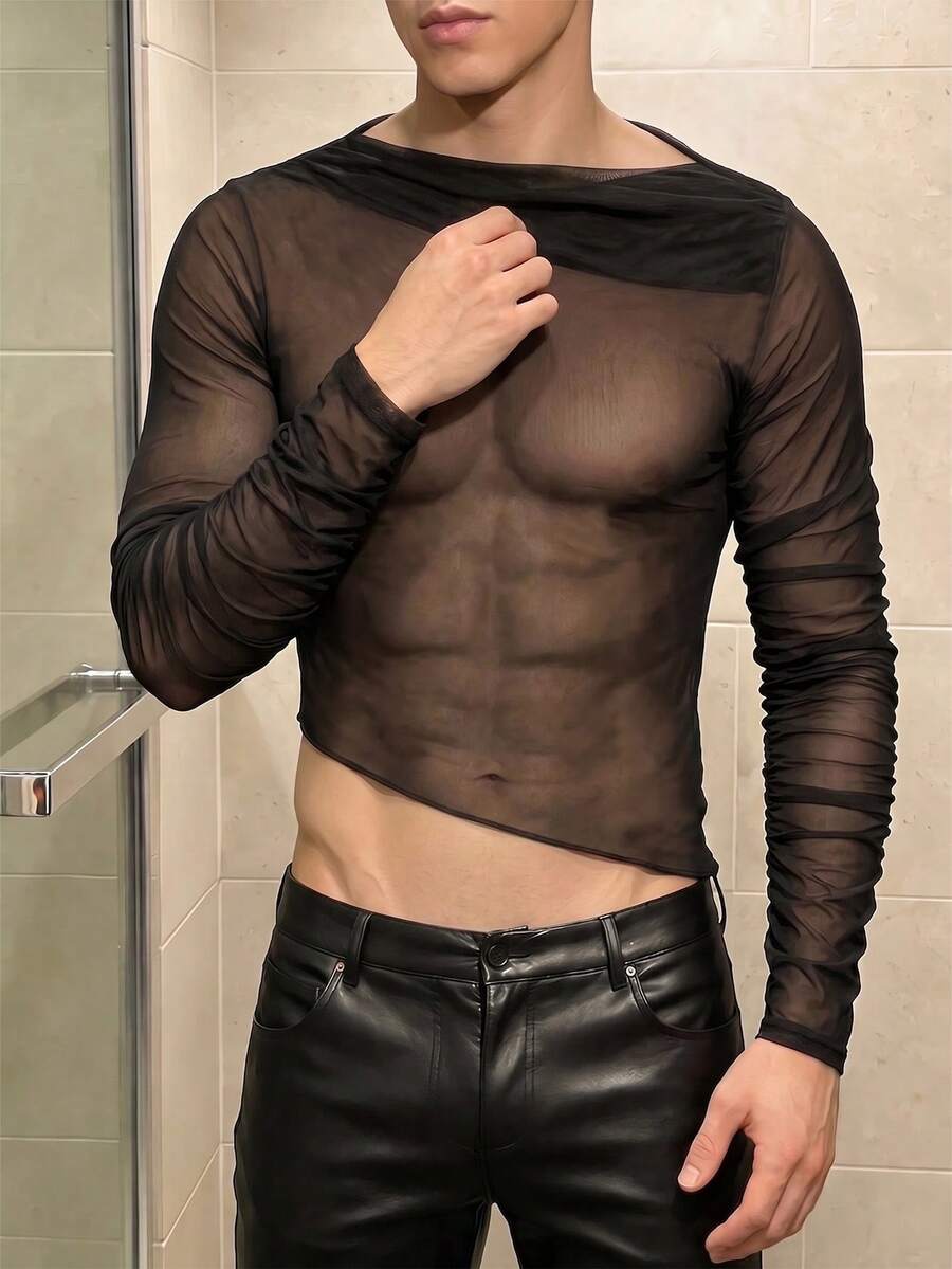 Manfinity Dauomo Top de manga larga de malla transparente estilo festival Y2K para rave - Negro - Ver 1