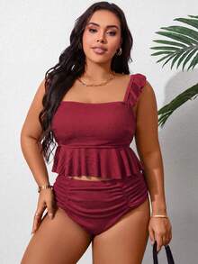 SHEIN Swim Curve 大码女式纯色荷叶边吊带泳衣套装 - 酒紅色 - 查看 3