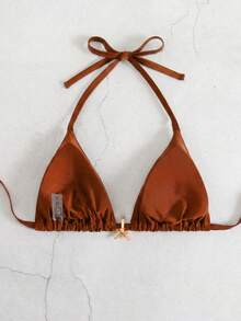 Swim Basics Plus Size Women's Solid Color Halter Bikini Top, Summer Gym - Brown - View 2