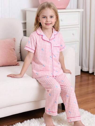 Young Girl Turndown Collar Open Front Plaid Horse Print Pajama Set, Whole Set With Multiple Ruffle Trim And Drawstring Decor In Powder Pink
