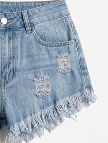 Plus Size Women Distressed Frayed Hem Denim Shorts - Light Wash - View 4