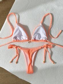 Swim Mod Women's Jacquard Fabric Halter Neck Metal Decor Sexy Bikini Set - Orange - View 3