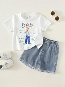 SHEIN Setelan 2pcs untuk Bayi Laki-laki, Kaos Lengan Pendek dan Celana Pendek Denim Motif Lucu Kasual untuk Hari Ayah, Cocok untuk Musim Semi/Panas - MultiWarna - View 12