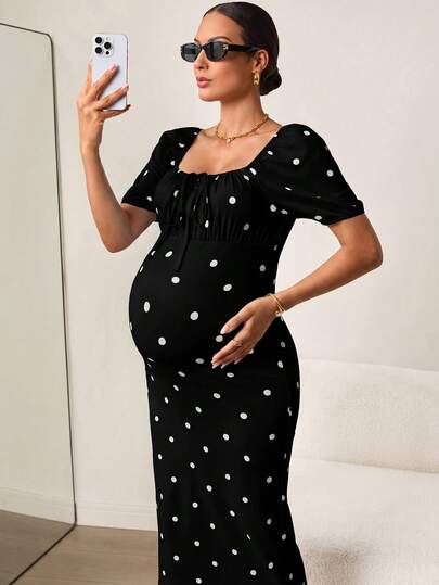 MaterniWear Pregnant Women's Polka Dot Pleated Elegant Party & Outing Dress