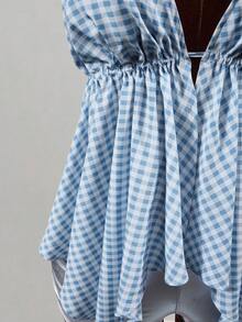 Mistrie Weißes kariertes Rüschen-Top für Damen, süßes Y2K-Sommer-Urlaubs-Shirt, sexy ärmellos mit asymmetrischem Saum, für Strand und Golf - Blau - Übersicht 5