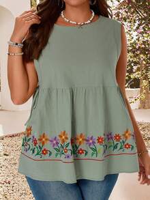 EMERY ROSE Plus Size Summer Sage Green Boho Floral Print Sleeveless Tank Top,Casual Blouse,Vacation Outfits For Women,Country Style Simple Fashion Top - Multicolor - View 7