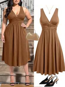 Rometta Plus Size Black V-Neck Waist Pleated Knit Dress - Khaki - View 1