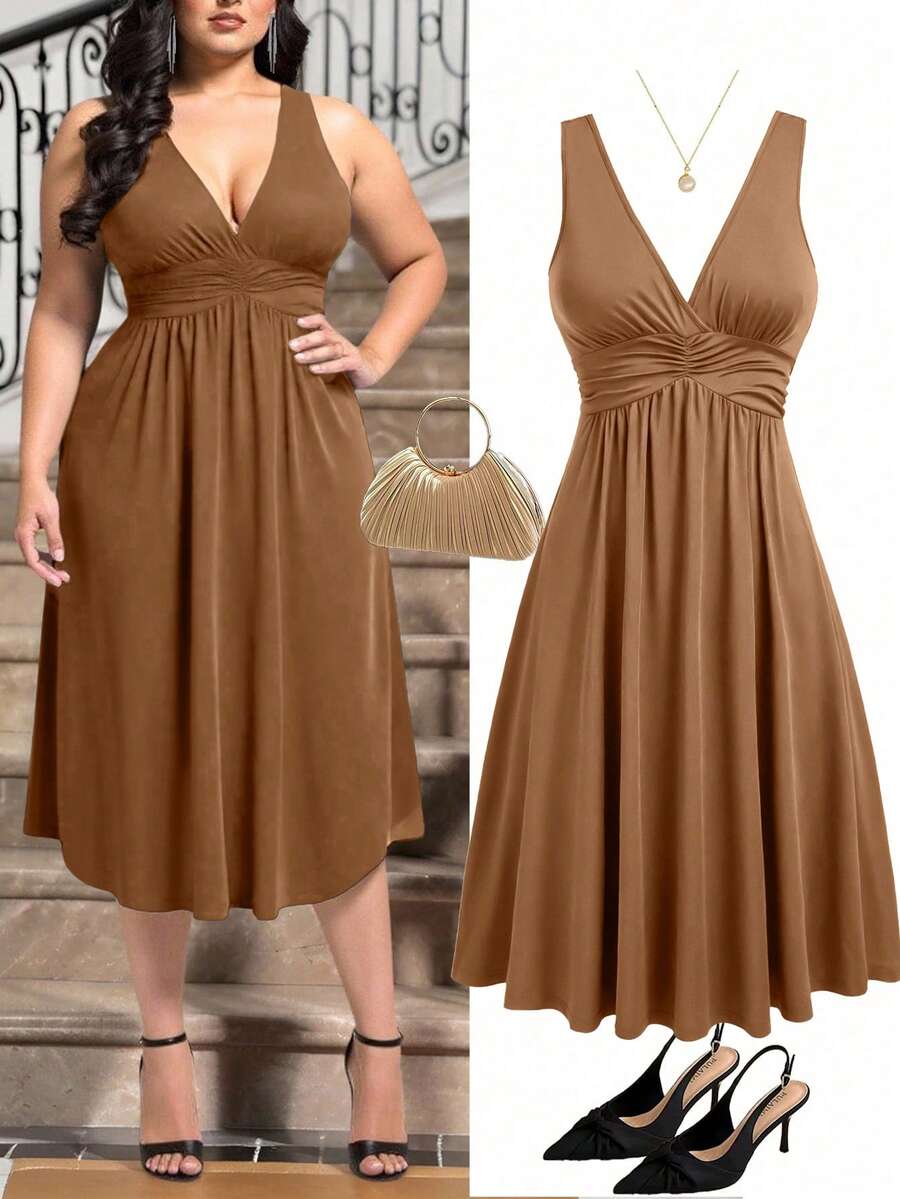 Rometta Plus Size Black V-Neck Waist Pleated Knit Dress - Khaki - View 1