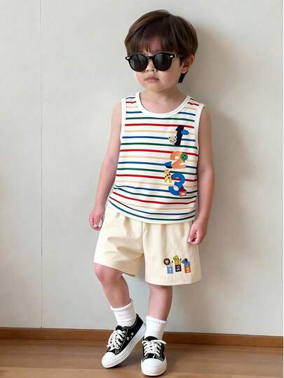 SHEIN 2pcs/Set Young Boys Sleeveless Round Neck Striped Graphic Tee & Elastic Waist Embroidered Shorts Set, Comfortable Casual Basketball/Running Outfit, Summer