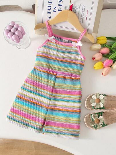 SHEIN Playful Pals Summer Rainbow Cute Girls' Knitted Camisole & Shorts Set, Sweet 3D Floral Decor, Fresh Beach Holiday Style, Adorable Children Outfit