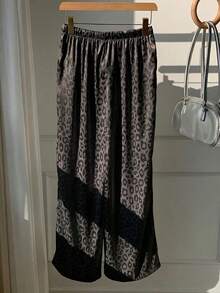 SHEIN Tall CURVE Quần ống rộng cỡ lớn in họa tiết da báo, cạp chun. - màu đen - Xem 2