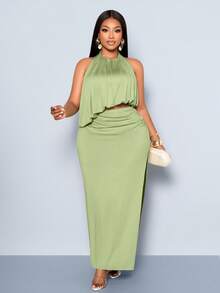 SOLERSUN Vestido de mujer talla grande con cuello halter y drapeado en un solo color - Adecuado para varias ocasiones. - Verde - Ver 4