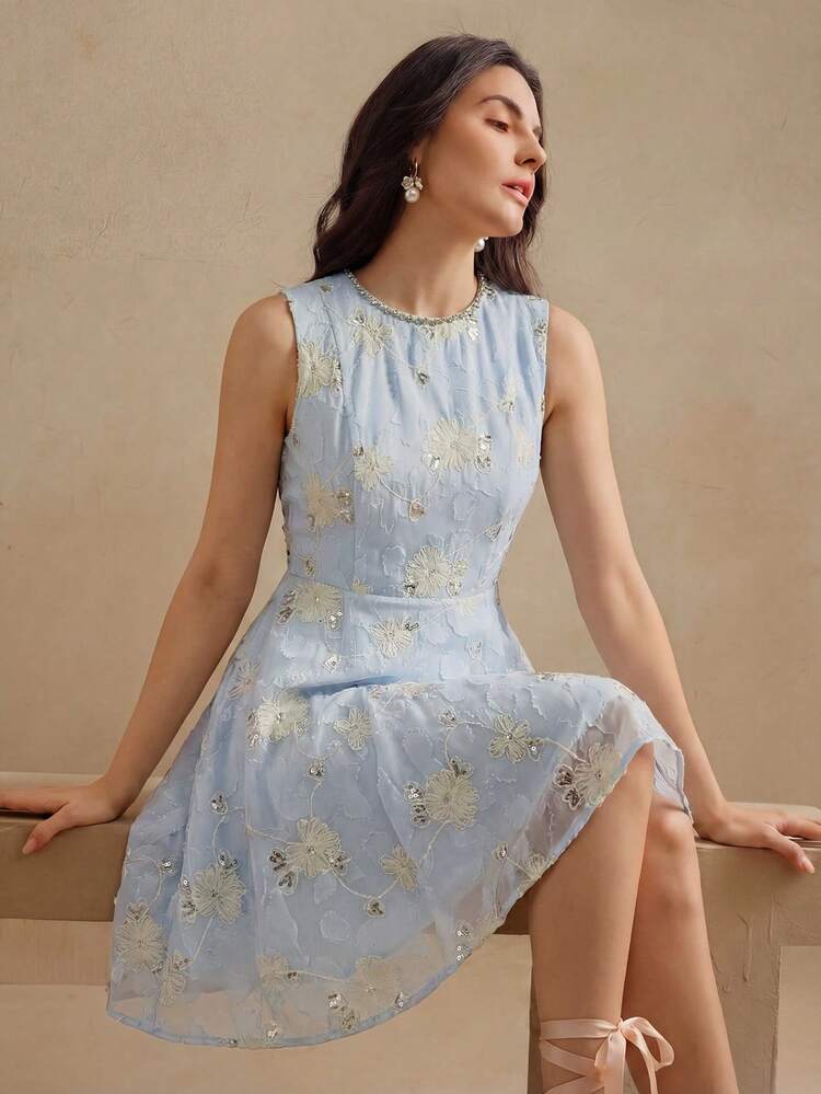 Women's Elegant Light Blue Sleeveless A-Line Mini Dress, Round Neck, Suitable For Daily Wear, Dates, Afternoon Tea And Other Occasions In Summer