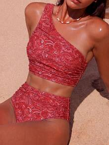 Swim Vcay Bộ 2 món gồm áo bikini hai mảnh màu đỏ tía in họa tiết Paisley và hạt điều, kiểu dáng nhún vai và quần cạp cao, đồ bơi nữ. - Nhiều màu - Xem 1