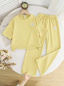 SHEIN 2pcs Tween Girls Casual Loose Comfortable Round Neck Short Sleeve T-Shirt And Pants Set - Yellow - View 4