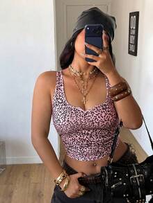 Coolane 女士加大码春夏豹纹针织无袖紧身背心，性感夏季女装，吊带背心，性感上衣 - 淺粉色 - 查看 4