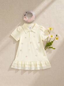 SHEIN Playful Pals 女嬰彩虹印花泡泡袖POLO領荷葉邊下擺黃色洋裝 可愛夏季返校粉黃色休閒短袖 - 黃色 - 查看 8