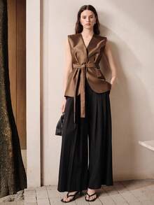 Aveloria Modichic Áo blazer nữ không tay cổ chữ V có thắt lưng, hàng mới về. - Màu be - Xem 7