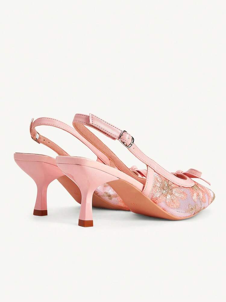 CUCCOO CHICEST Women Shoes Spring And Summer Embroidery Floral Bow Decorative Back Tripple Tip, Gentle Wind Mesh, Light Pink Ladies High Heel Sandals Dating Commuting Shopping Afternoon Tea Festive Gifts