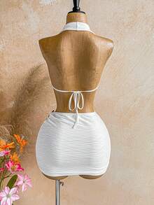 Conjunto de 2 piezas con top de cuello en V profundo sólido y minifalda con decoración de estrella de mar de metal para mujer - Multicolor - Ver 2