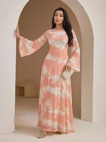 Veilorie Đầm dự tiệc kiểu Ả Rập thanh lịch, xếp ly, cổ tròn, nhuộm tie-dye dành cho nữ. - trái cam - Xem 1